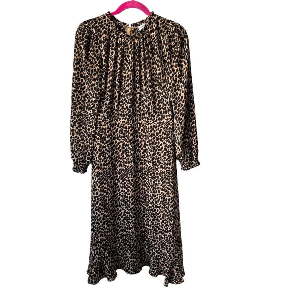 J.Crew Factory Ruffle Neck Peasant Dress Animal Leopard Print Midi Dress Size 6 - Picture 4 of 15